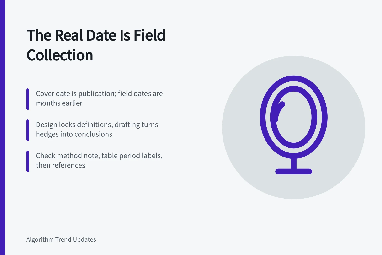 Timeline stages of an annual trend report from field collection to publication. An annual trend report moves through stages before its real date shows