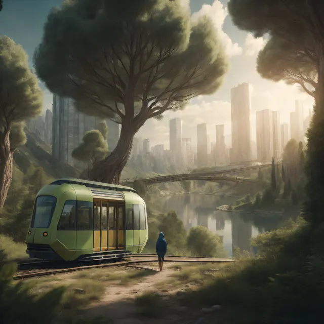 Prompt: utopia at street level, enhanced humans waiting at lake in city for small futuristic tram to drive in, utopian European city, solar panels on all roofs in Spanish city, sol. Feature updates: methods, tools and useful context