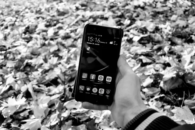 Black and white image of a hand holding a smartphone displaying social media apps, surrounded by fallen leaves. Feature updates updates 2027: facts and context