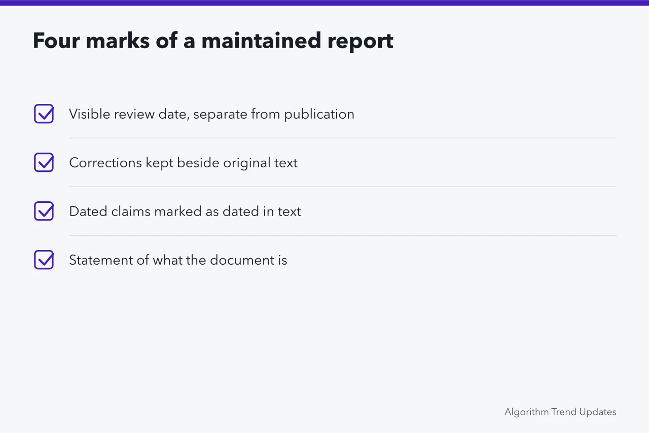 Checklist of four properties a maintained report shows readers (Annual trend reports: the parts worth your attention)